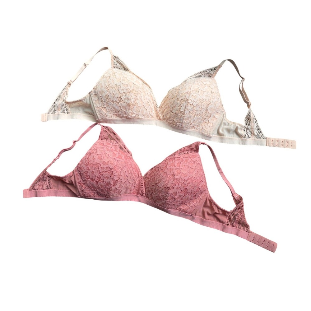 Knix Bundle of 2 Deep V Lace Bralette Large 36 Molded Wireless Bras Peach & Pink